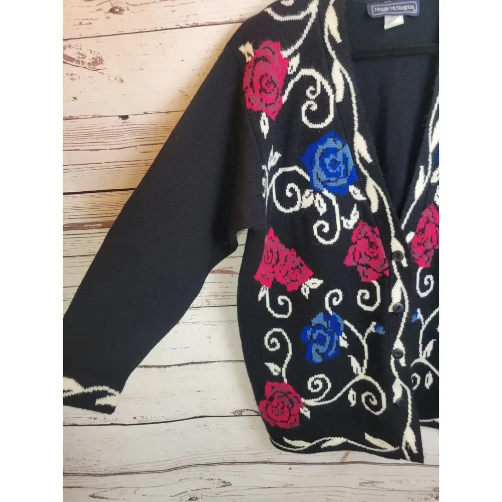 Vtg Maggie McNaughton Cardigan Sweater Black Red Blue Floral Knit Women's 1X‎